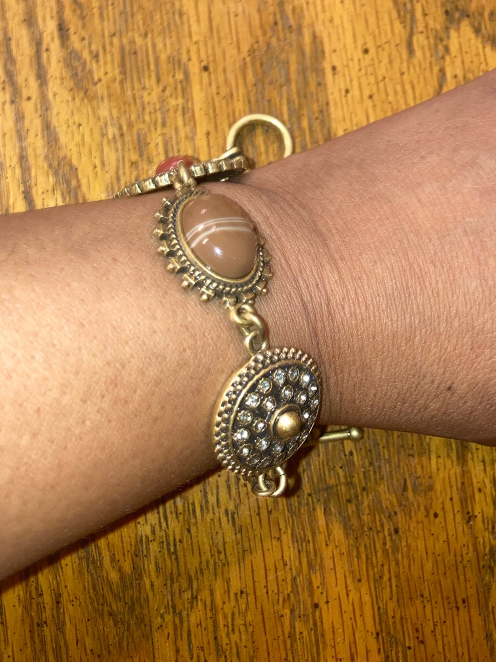 LOFT Gold-Tone Bracelet with Brown  & Red Cabochons and Crystal Discs & Toggle
